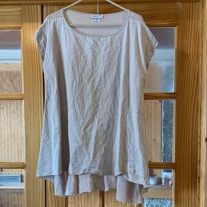 Women's Zara Knit with Linen Longline Cap Sleeve Cream Tan Lagenlook Top Shirt M